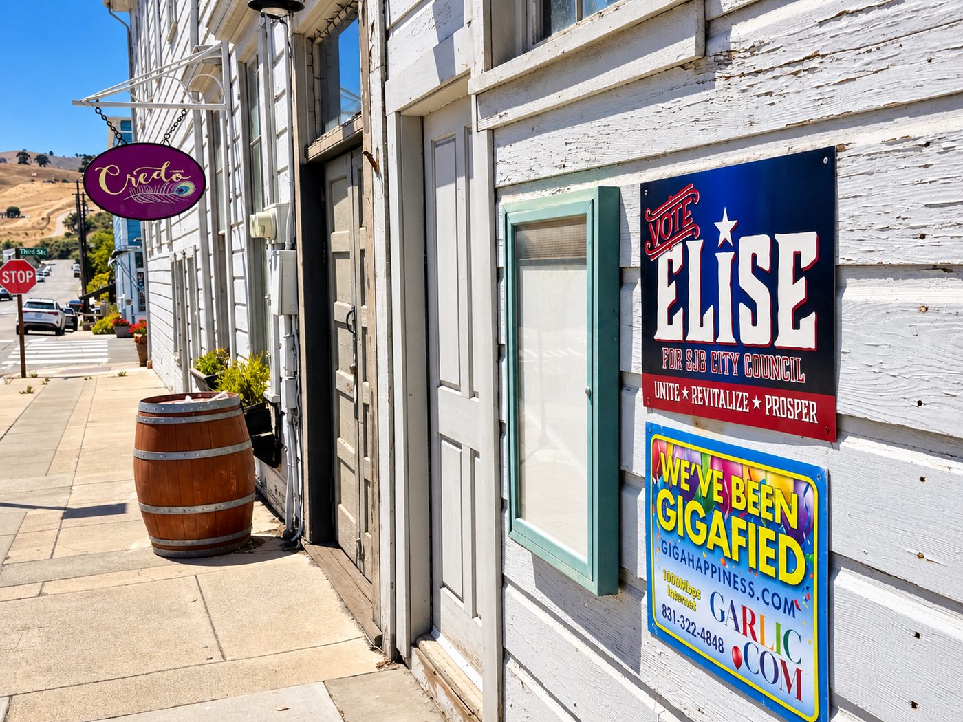 A Vote Elise sign mounted on a Third Street storefront in San Juan Bautista