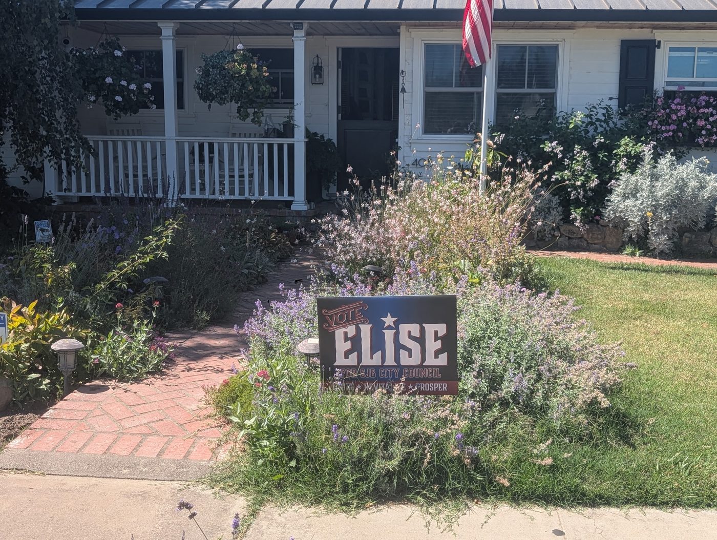 A Vote Elise yard sign in the front garden of a white house flying an American flag