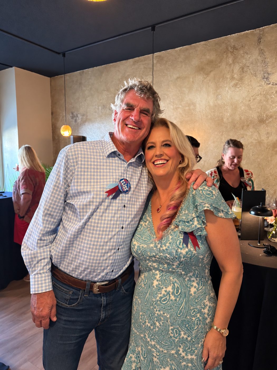 Elise Brentnall with a supporter wearing a Vote Elise button